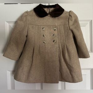 Girls' Tan Pea Coat with Brown Velvet Collar